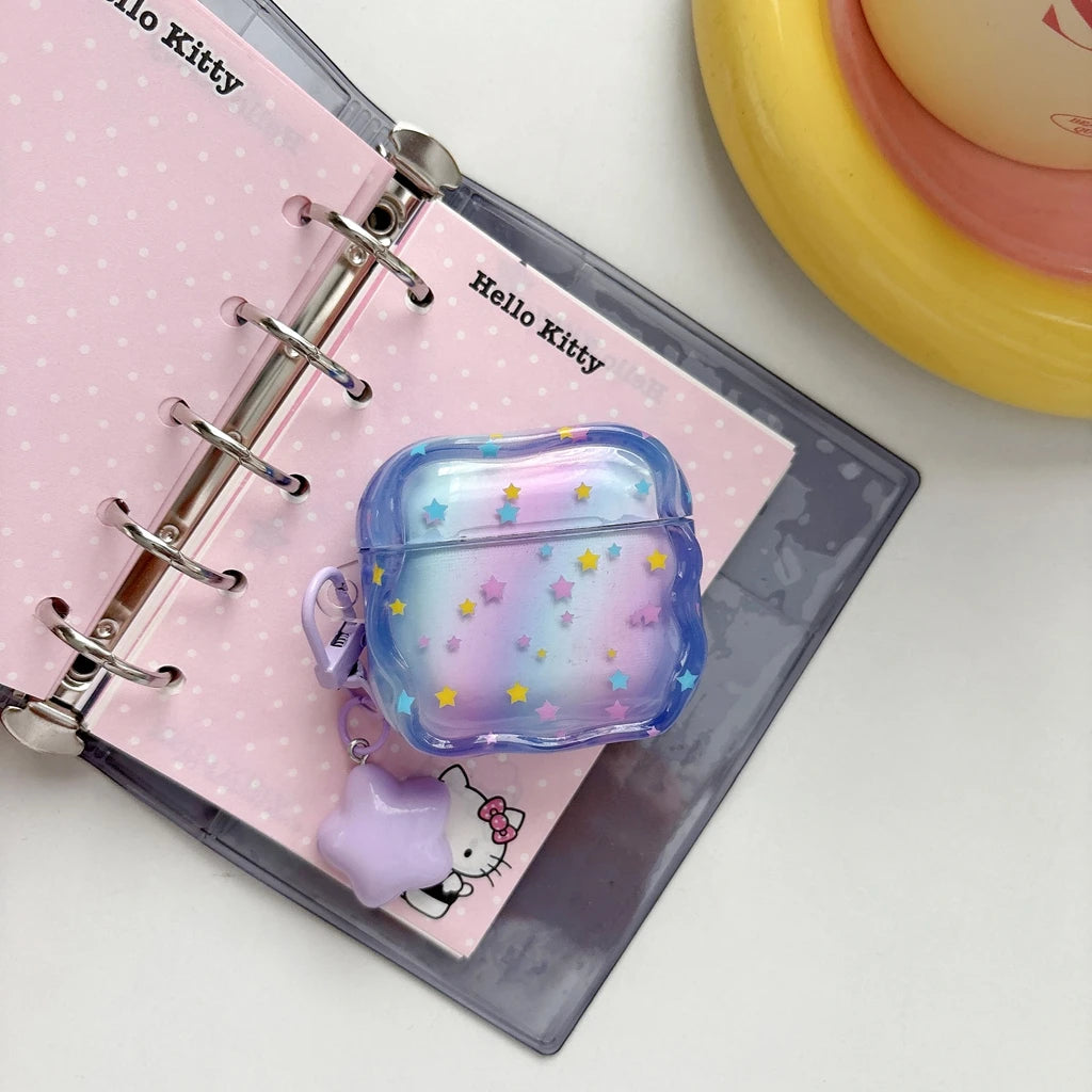 Dopamine Gradient Colorful Little Star Wavy Edge With Pendant Shock Proof Earphone Cover Case for AirPods 1 or 2 3 4 5 Pro 2 3