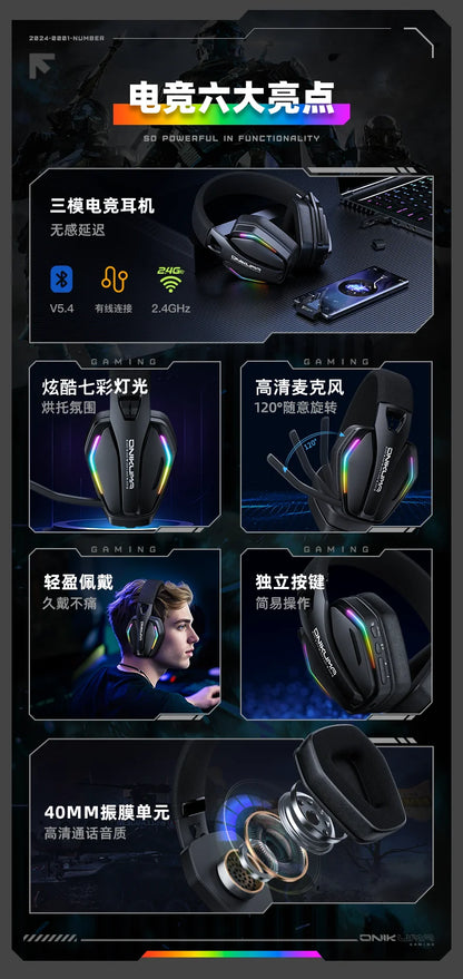 ONIKUMA GT826 Wireless Headset Gaming Headphone Tri Mode Connection Bluetooth USB C 2.4G Low Latency RGB Stereo Sound For PS5 PC