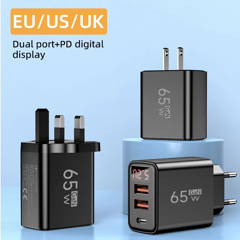 65W USB C Charger Fast Charger Phone Charger Adapter with LED Display QC3.0 EU/US/UK Plug For iPhone Samsung Xiaomi Wall Charger
