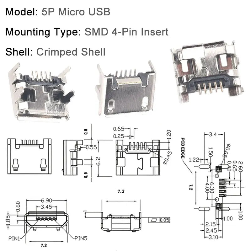 10PCS Micro USB Android Female Charging Socket, Flat Edge Crimped Type, 5Pin, 4 Mounting Pins, SMD & DIP Tail Connector