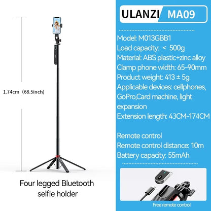 Ulanzi MA09 1.74m Selfie Stick Tripod for iPhone 17 15 Android Phone w Remote Control Panoramic Ball Head Holder U200 VL49 Kit