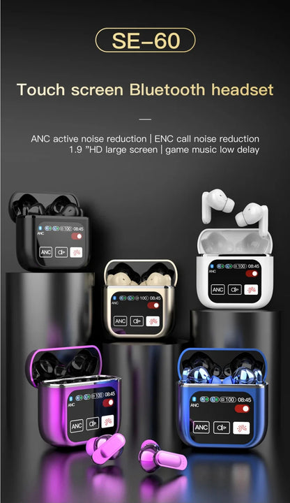 SE-60 TWS Touch Screen Bluetooth 5.4 Earphones ANC ENC Noise Cancelling Gaming Low Latency Stereo Wireless Earbuds Long Battery