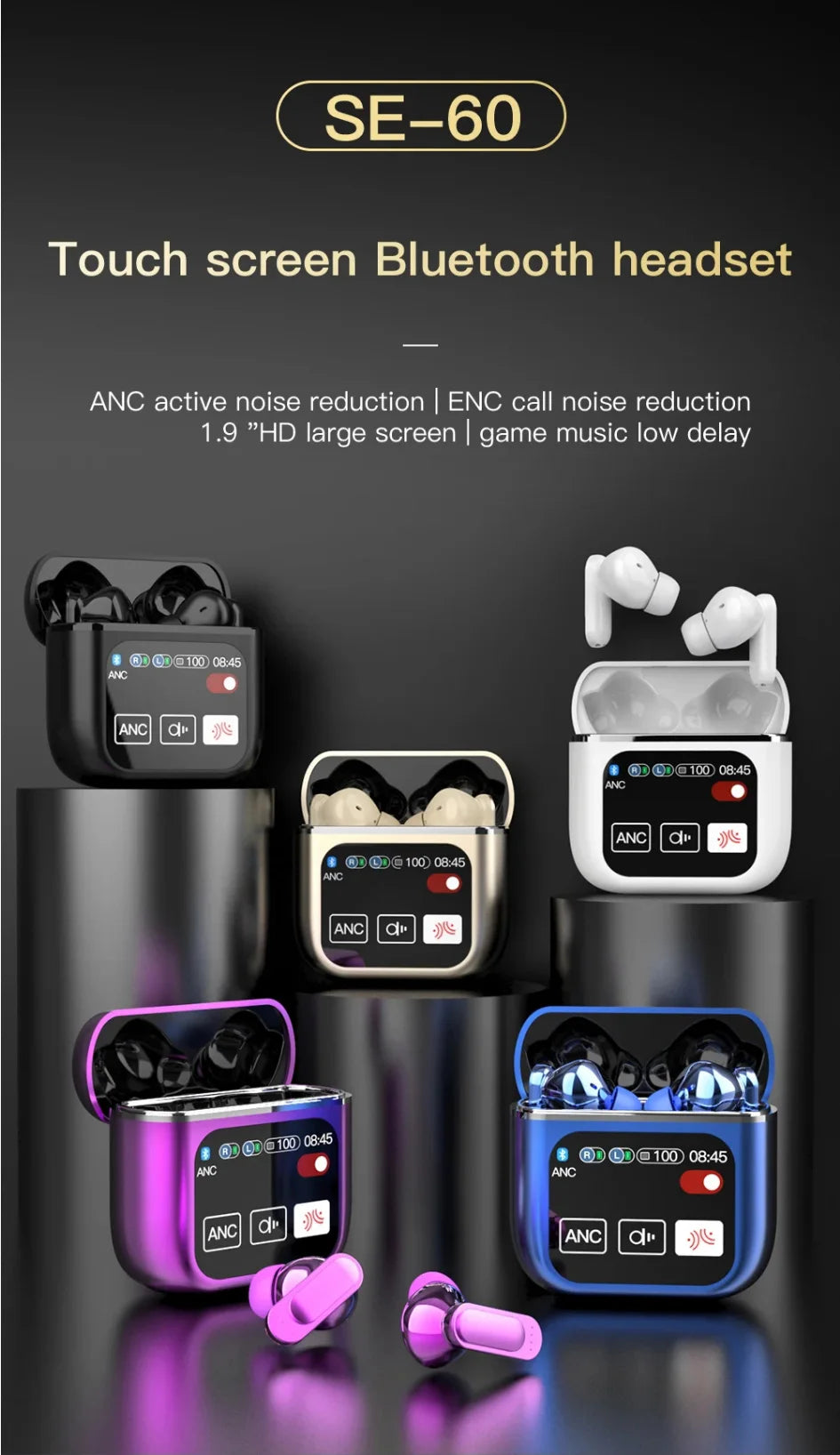 SE-60 TWS Touch Screen Bluetooth 5.4 Earphones ANC ENC Noise Cancelling Gaming Low Latency Stereo Wireless Earbuds Long Battery