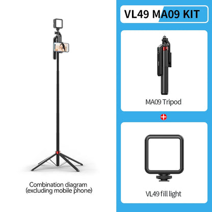 Ulanzi MA09 1.74m Selfie Stick Tripod for iPhone 17 15 Android Phone w Remote Control Panoramic Ball Head Holder U200 VL49 Kit