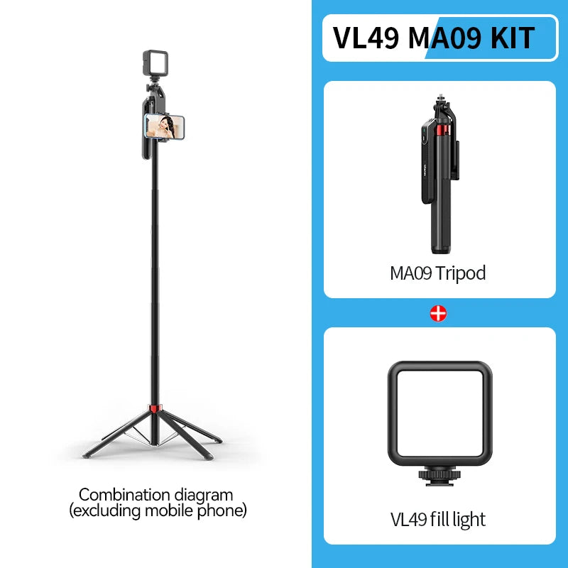 Ulanzi MA09 1.74m Selfie Stick Tripod for iPhone 17 15 Android Phone w Remote Control Panoramic Ball Head Holder U200 VL49 Kit