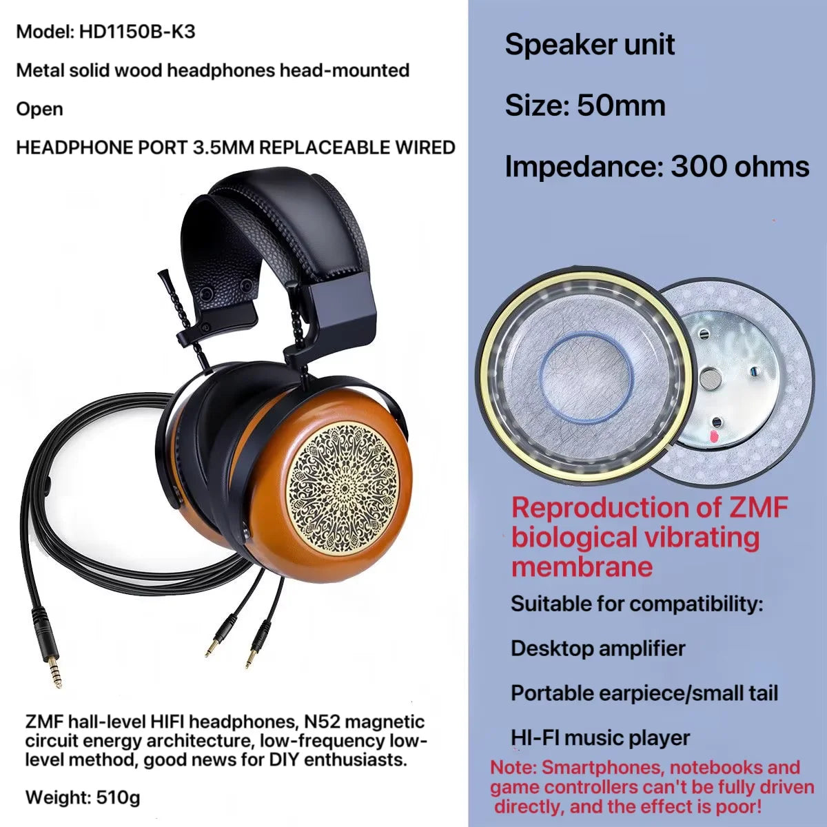 Closed-back Music Analysis Over-ear Headphones with 50mm Bio-diaphragm Monitoring Headsets