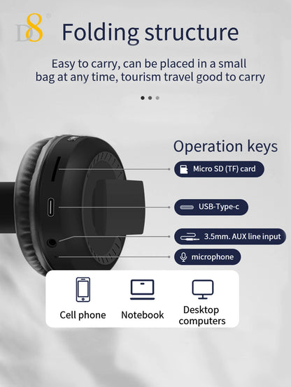 D8 Over Ear  Headphones,  Wireless and Wired Headset Built-in Microphone,  Micro SD Card Slot - (Stealth)  40H Playtime