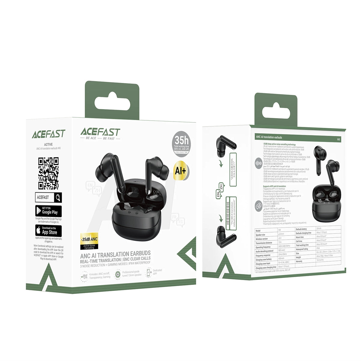 ACEFAST W8 ANC ENC Noise Reduction Bluetooth 6.0 Earphones with AI Translation Low Latency Game Earbuds Support App EQ Control