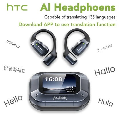 HTC NE25 Bluetooth Earphones AI Translator Earbuds Noise Lightweight Earbuds LCD Touch Screen Wireless Headphones 60h Long Life