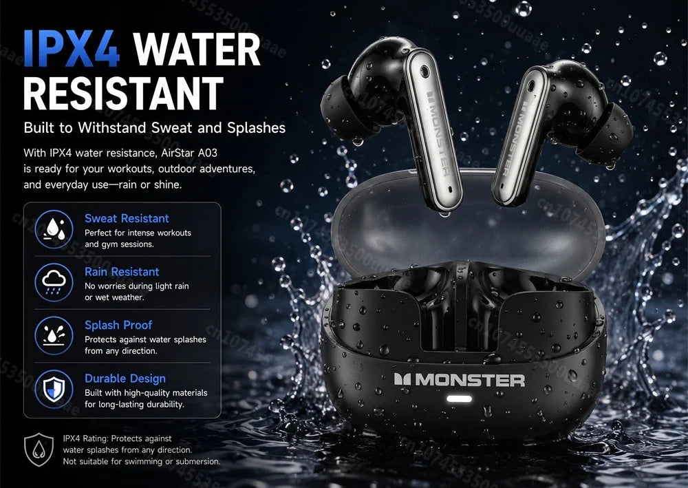 Monster Airstar A03 ANC Bluetooth 6.0 Earbuds Punchy Deep Bass Sports Headphones Active Noise Cancellation TWS Wireless Earphone
