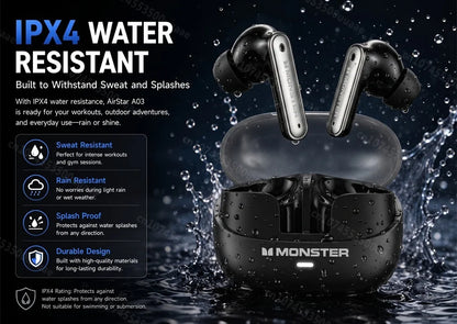 Monster Airstar A03 ANC Bluetooth 6.0 Earbuds Punchy Deep Bass Sports Headphones Active Noise Cancellation TWS Wireless Earphone