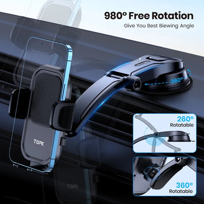 TOPK Adjustable Dashboard Car Phone Holder 360° Rotation Horizontal Vertical Mount Stand for iPhone 15 14 Samsung Auto Bracket