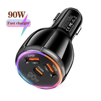 90W 3 Port Car Charger Super Fast Charger QC3.0 PD30W PPS High-Power Cigarette Lighter Fast Charger for iPhone/Huawei/Samsung