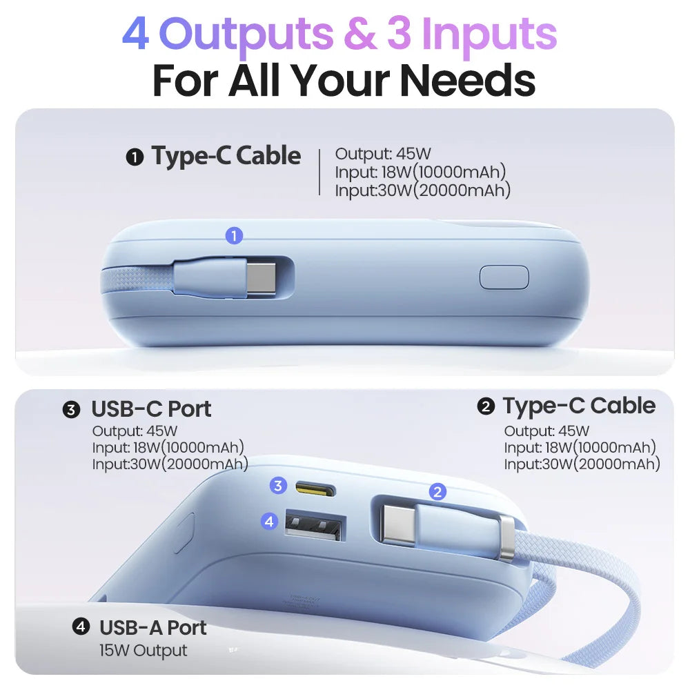 PISEN 45W Fast Charging Power Bank Built-in Dual USB-C Cable 10000mAh/ 20000mAh Mini Portable Powerbank For iPhone 17 Xiaomi