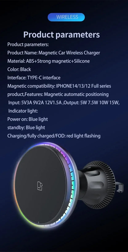 LED/RGB Magnetic Car Wireless Charger For iPhone 12 13 14 15 Pro Max Macsafe Car Phone Holder Stand Mount Fast Charging Station