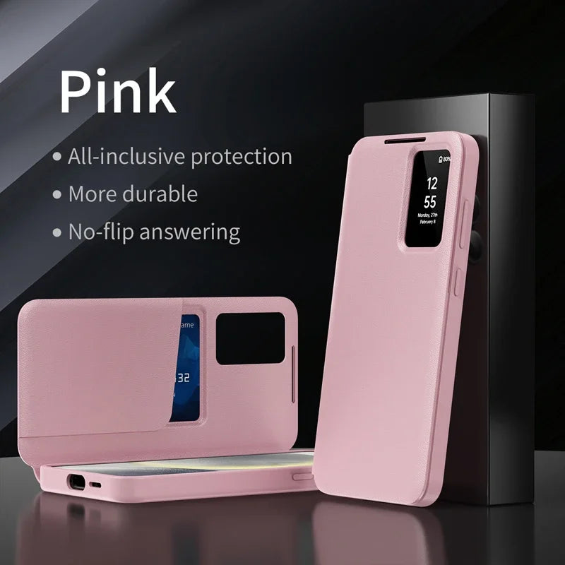 Premium Leather S-view LED Dispaly Window Leather Case For Samsung S26 Ultra S25 Edge S24 S23 S22 FE Plus A57/37 Card-slot Cover