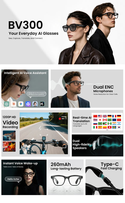 Blackview BV300 4K AI Glasses Color-Changing Smart Translation Glasses Photo Video Recording Waterproof Call Smart Sunglasses