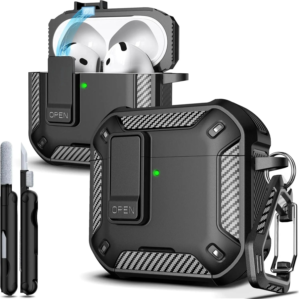for AirPod 4 Case Carbon Fiber Elements Military Drop Proof Auto Pop up Cover with Cleaning Kit for Men AirPods 4 Earbuds Funda