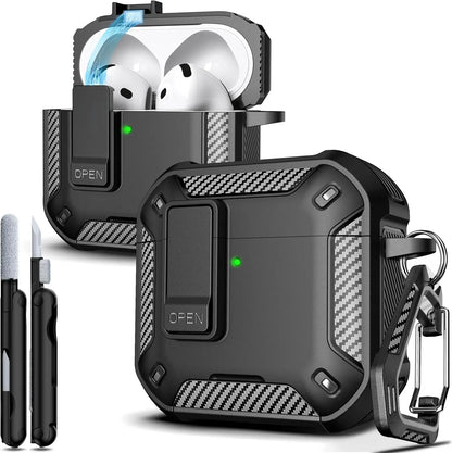 for AirPod 4 Case Carbon Fiber Elements Military Drop Proof Auto Pop up Cover with Cleaning Kit for Men AirPods 4 Earbuds Funda