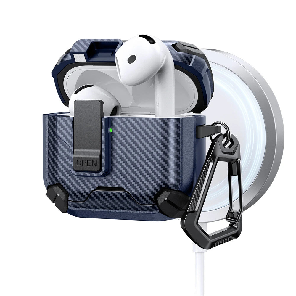 Safety Lock Carbon Fiber Phone Holder Bluetooth Headset Cover For AirPods 4 Pro 3 2 Anti Fall Protective Earphone Case With Hook