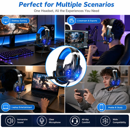 G9000 Wired Gaming Headset with Mic, Blue LED Stereo Over-Ear Headphones for PC PS4 PS5 Xbox Switch Laptop Mobile