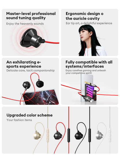 NEW Lenovo Y108 Wired Earphones Semi-In-Ear E-Sports Headphones 3.5mm Type-C Noise Reduction Stereo Music Earbuds 1.25M with Mic