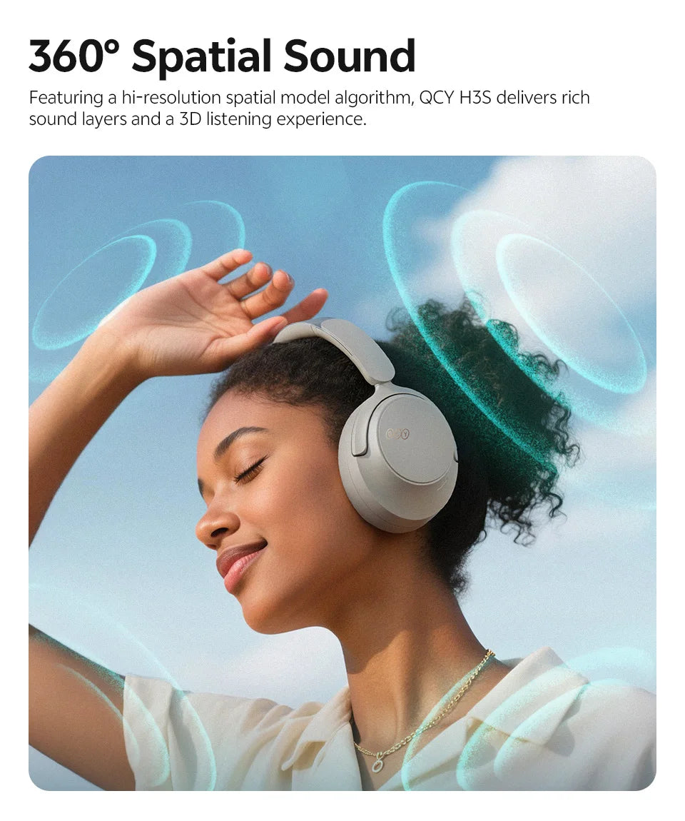 QCY Wireless Bluetooth 6.0 BH25H3SA Headphone 3D Spatial Audio Earphone -56dB Adaptive ANC 53mm Driver Foldable Over Ear Headset
