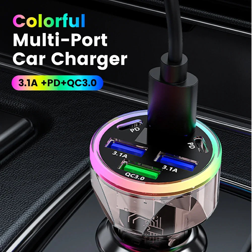 200W Multi-Port Car Charger Colorful Car Cigarette Lighter Adapter USB Type C Fast Charge For IPhone Xiaomi Huawei Samsung QC3.0