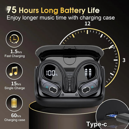 Wireless Earbuds 5.4 Bluetooth Headphones Sports Ear Buds with Earhooks 75H Playtime Wireless Headphones for Workout Waterproof