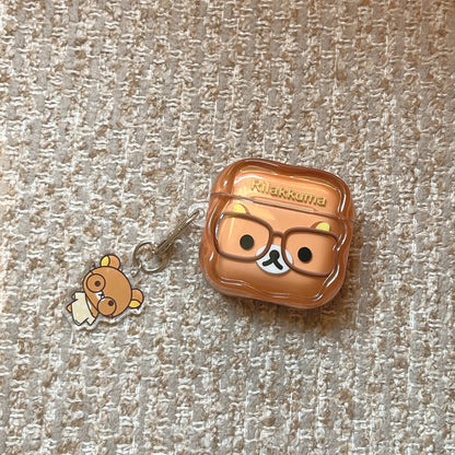 Korean Cute Rilakkuma Glasses Clear AirPods Case with Keychain for AirPods 1 2 3 4 Pro 2 Pro 3 Cute Shockproof Protective Cover