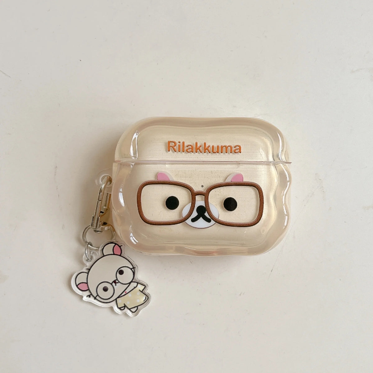 Korean Cute Rilakkuma Glasses Clear AirPods Case with Keychain for AirPods 1 2 3 4 Pro 2 Pro 3 Cute Shockproof Protective Cover