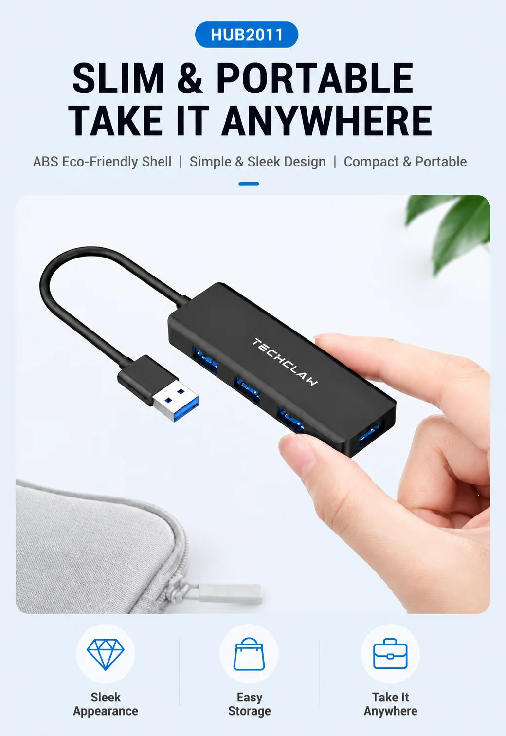 TECHCLAW USB 3.2 Hub 4 Ports USB-A Splitter 5Gbps High Speed USB Hub Adapter Portable Multi USB Expander for Laptop PC Computer
