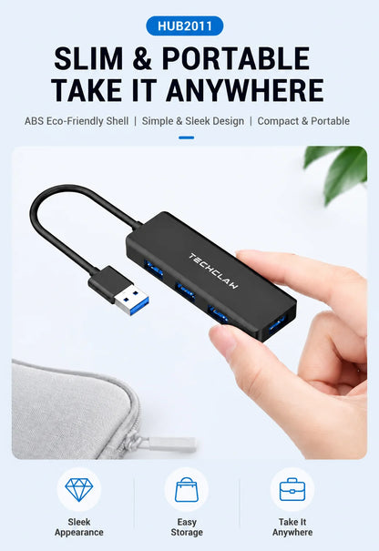 TECHCLAW USB 3.2 Hub 4 Ports USB-A Splitter 5Gbps High Speed USB Hub Adapter Portable Multi USB Expander for Laptop PC Computer