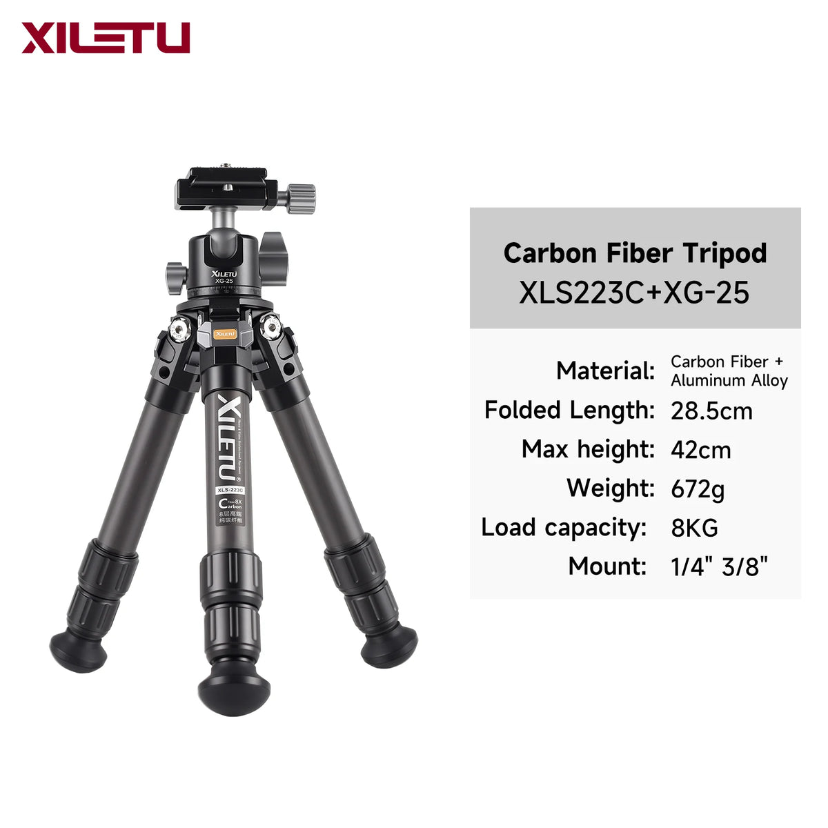 XILETU Lightweight Stable Carbon Fiber Tripod w 360° Rotation Detachable Ball Head Mini Tabletop Stand For Digital Cameras DSLRS