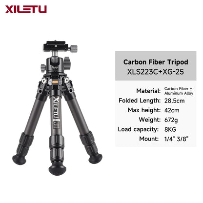 XILETU Lightweight Stable Carbon Fiber Tripod w 360° Rotation Detachable Ball Head Mini Tabletop Stand For Digital Cameras DSLRS