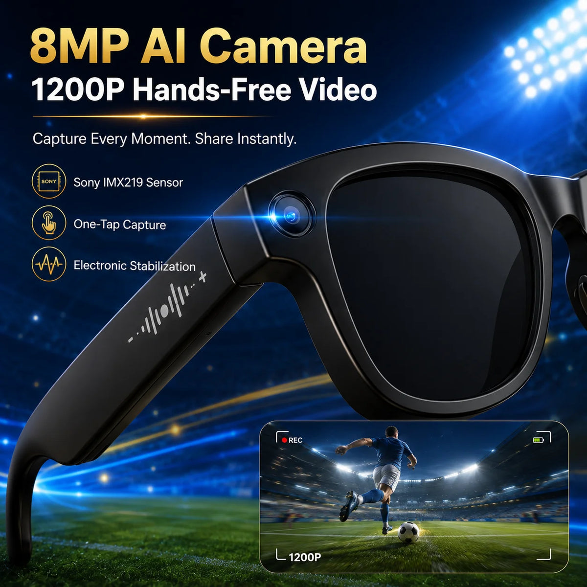 New 2026 Smart Camera Glasses, 1200P Recording, 8MP Photo, 32GB Storage, WiFi App Transfer, Bluetooth Music Call Eyewear Outdoor