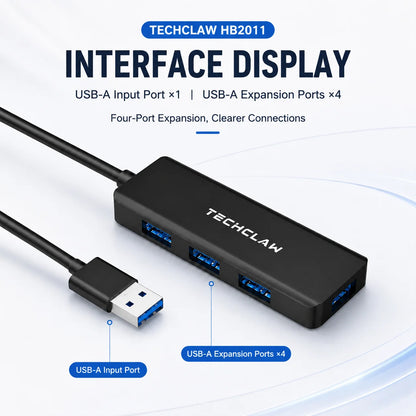 TECHCLAW USB 3.2 Hub 4 Ports USB-A Splitter 5Gbps High Speed USB Hub Adapter Portable Multi USB Expander for Laptop PC Computer