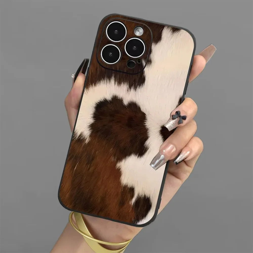 Brown Cow Print Phone Case for iPhone 17 16e 16 15 14 13 12 11 Pro Max Mini X XR XSMax 8 7 6S Air Plus Soft Silicone Back Cover