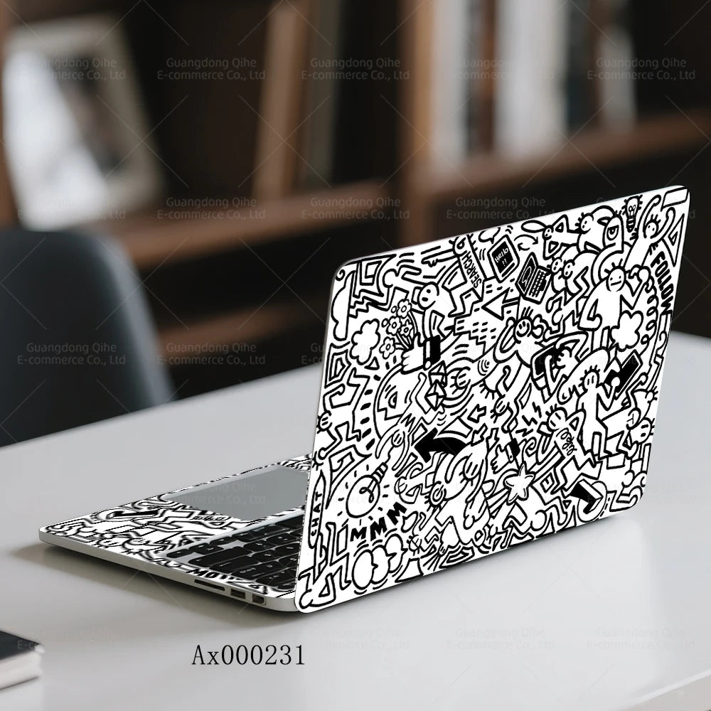 2Pcs Black White Doodle Laptop Skin, Waterproof Vinyl Graffiti Laptop Decal Art Stickers for MacBook HP Dell Universal Laptop