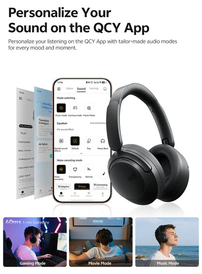 QCY Wireless Bluetooth 6.0 BH25H3SA Headphone 3D Spatial Audio Earphone -56dB Adaptive ANC 53mm Driver Foldable Over Ear Headset