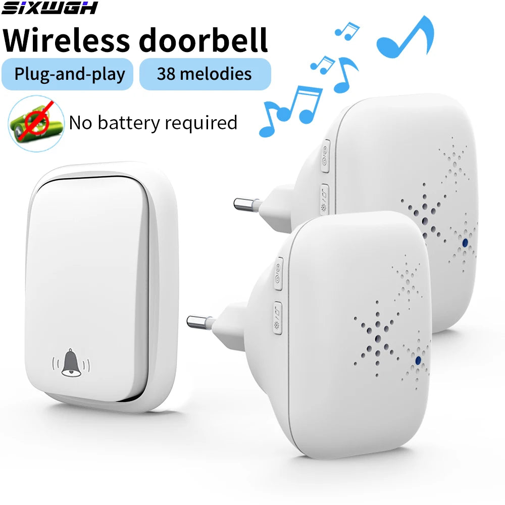 SIXWGH No Battery Self Powered Wireless Doorbell EU Plug Long Range Home Door Bell 38 Tunes 4 Volume Control