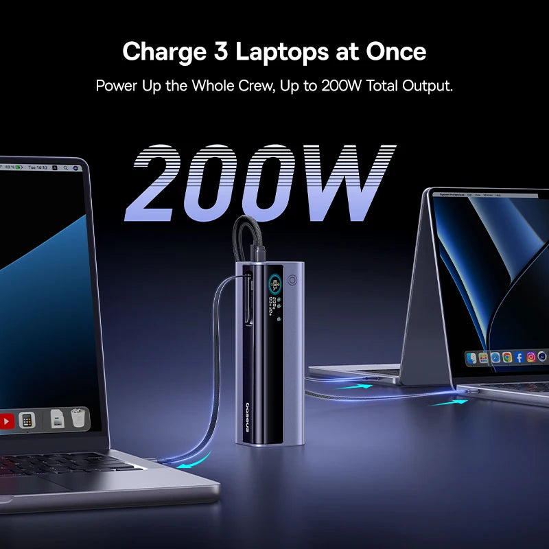 Baseus 200W 25000mAh Power Bank Dual Retractable USB-C Cables 4-Device Fast Charge Portable External Battery Charger For Laptop
