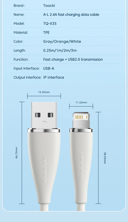 Toocki USB Cable For iPhone 15 14 13 12 11 Pro Max XR XS 8 7 6 Plus Fast Charging Wire For iPhone Charger Charging Cable Cord