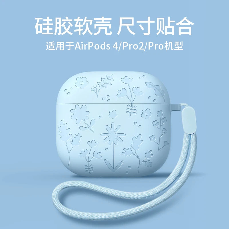 For AirPods 4th Generation Case with Cleaner Kit/Keychain Flower Engraved Silicone Shockproof Cover for 2024 AirPods 4 Case New