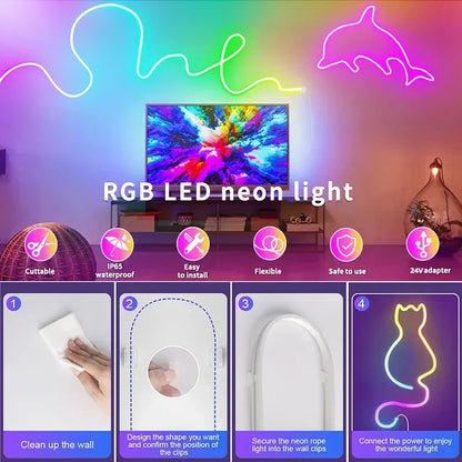 24V Neon Rgb Led Strip Light Remote Control Waterproof Outdoor 5M 10M 15M 20 Meter 30M Led Flexible Neon Rope Ribbon Tape Band