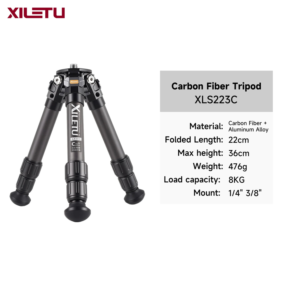 XILETU Lightweight Stable Carbon Fiber Tripod w 360° Rotation Detachable Ball Head Mini Tabletop Stand For Digital Cameras DSLRS
