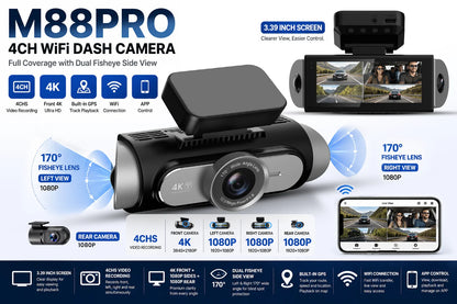 4K 4-CHs Dash Cam WiFi GPS, Front Rear Left Right Car Video Recorder, 24H Parking Monitoring Night Vision Dashcam Supercapacitor