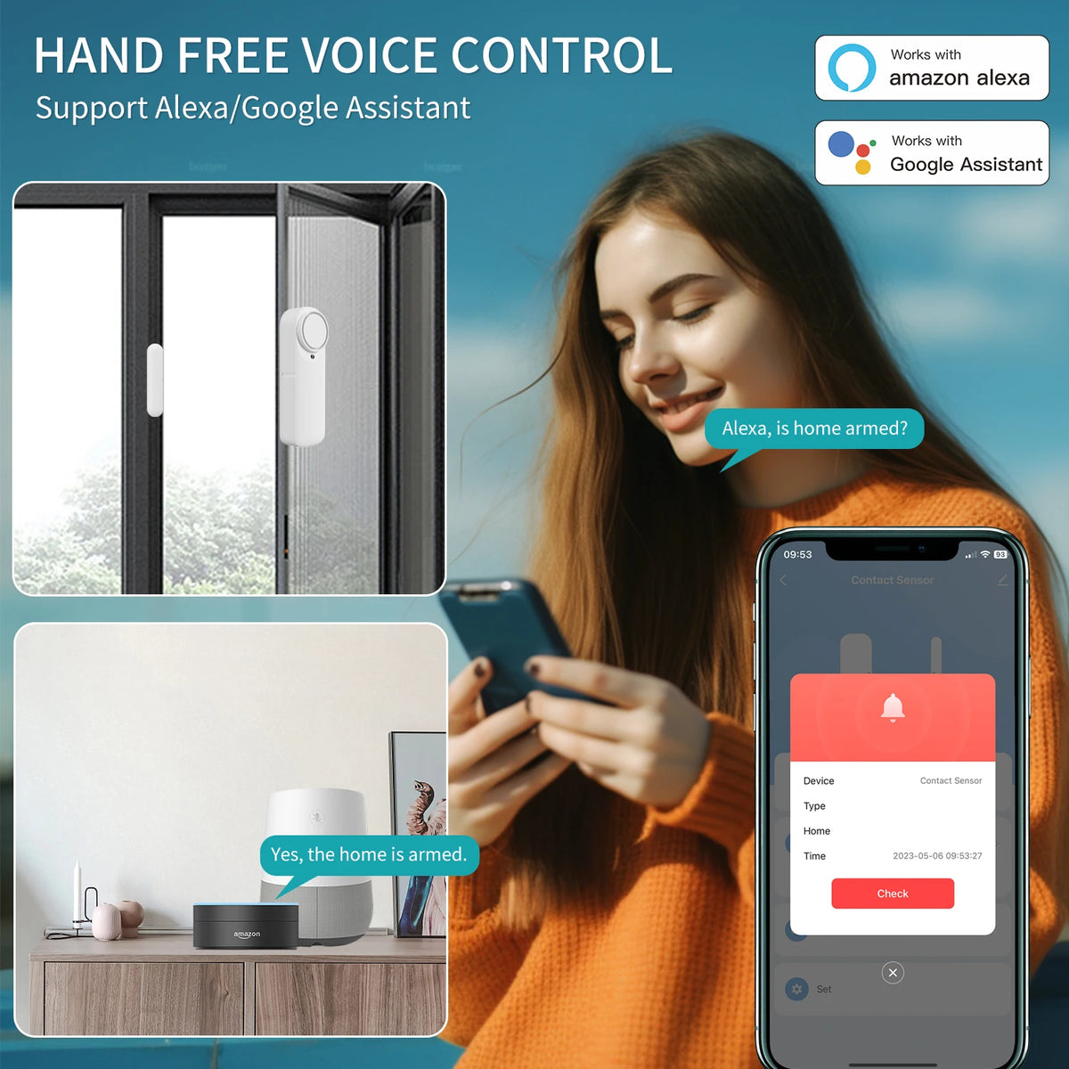 Tuya WiFi Bluetooth Door Window Sensor Alarm, Smart Home Security Contact Sensor Works with Alexa Google Assistant