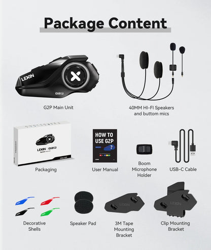 Lexin G2P Motorcycle Blutooth Intercom Helmet Bluetooth Headsets,Handsfree Communicator Up to 6 Riders Interphone with FM Radio