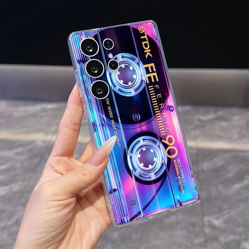 Neon Glow Cassette Clear Soft TPU Back Cover For Samsung Galaxy S26 S25 S24 FE A15 A55 A57 Shockproof Phone Case